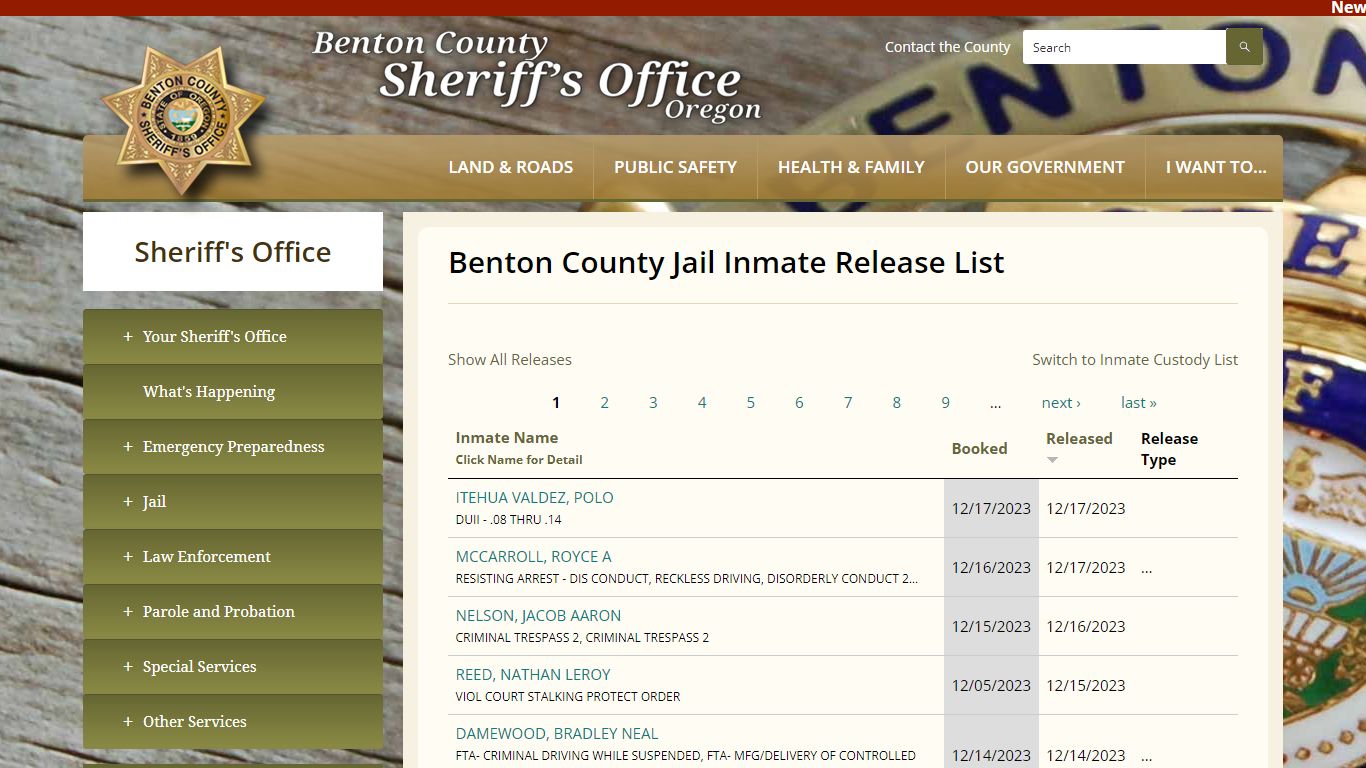 Benton County Jail Inmate Release List | Benton County Oregon